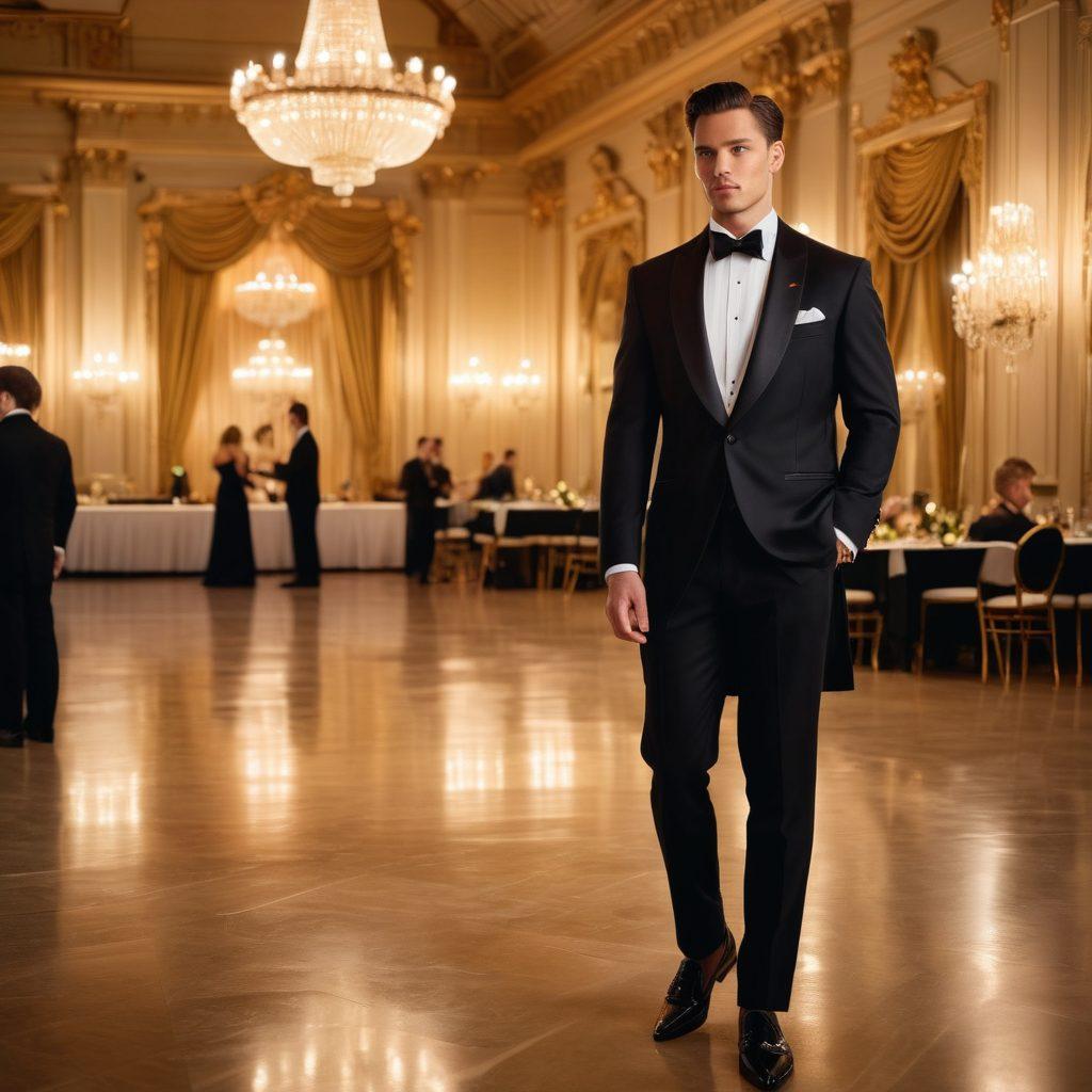A dapper gentleman in a perfectly tailored tuxedo standing in a luxurious ballroom with golden chandeliers and soft ambient lighting. Accessories like a silk bow tie and polished shoes are highlighted, showcasing sophistication. The background features elegantly dressed individuals mingling, creating a refined atmosphere. Detailed textures of the tuxedo fabric and shimmering lights enhance the visual appeal. super-realistic. vibrant colors. luxurious ambiance.