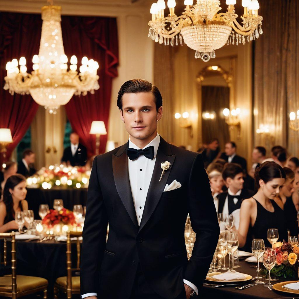 An elegant gentleman adorned in a luxurious tuxedo at a lavish party, surrounded by twinkling lights and stylish attendees. The atmosphere radiates sophistication, with a well-set table featuring fine dining, and a grand chandelier overhead. Include subtle hints of opulence like champagne flutes and designer accessories. The gentleman should exude confidence and charm, standing in a poised manner. super-realistic. vibrant colors. grandeur.