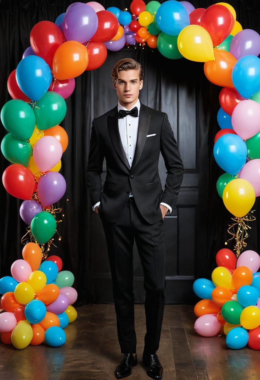 A stylish young man wearing a sleek tuxedo, transitioning into a vibrant prom suit, positioned between a classic formal setting and a lively prom atmosphere. The background showcases a blend of elegant decorations and festive elements like balloons and lights. Incorporate a stylish shoe display and fashion accessories to enhance the scene. super-realistic. vibrant colors. elegant design.